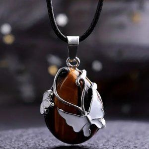 Tiger Eye Butterfly Pattern Water Drop Natural Stone Pendant Gemstone Necklace